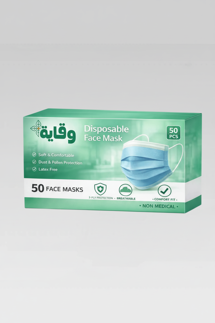Box of 50 disposable face masks with 3-ply breathable protection and elastic ear loops